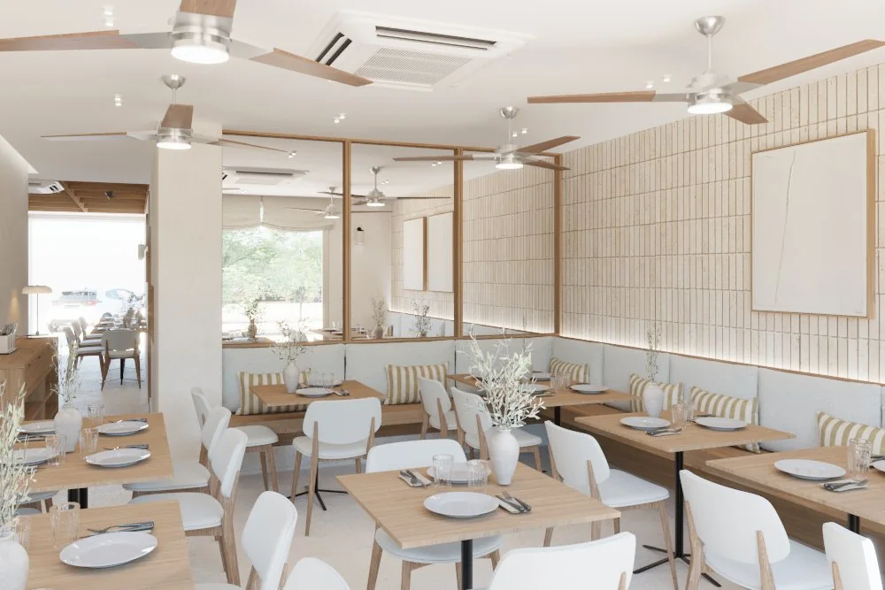 Salón del restaurante con mesas de madera y bancos